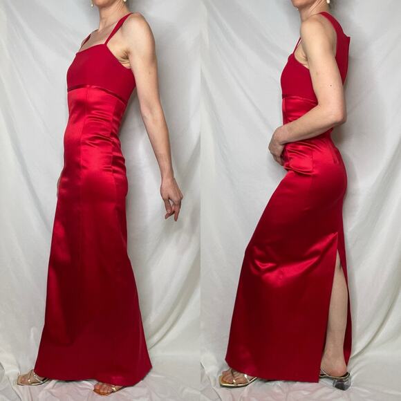 Vintage Cache red satin dress column cocktail maxi square‎ neck sleeveless S - Picture 14 of 17
